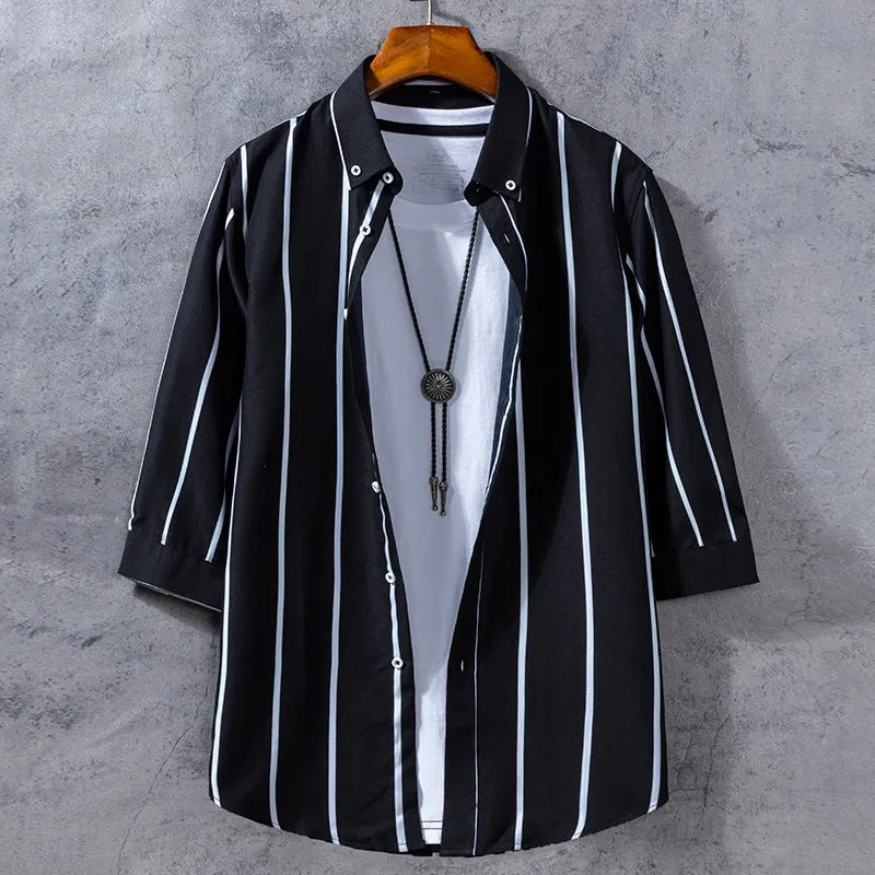 Trendy Three-Quarter Length Sleeves Men Shirt Youth Student Striped Half Sleeved Korean Slim Look Men Shirt