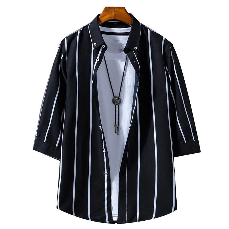 Trendy Three-Quarter Length Sleeves Men Shirt Youth Student Striped Half Sleeved Korean Slim Look Men Shirt