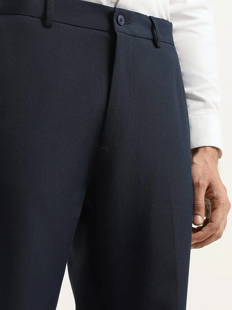 WES Formals Navy Plain Relaxed Fit Trousers