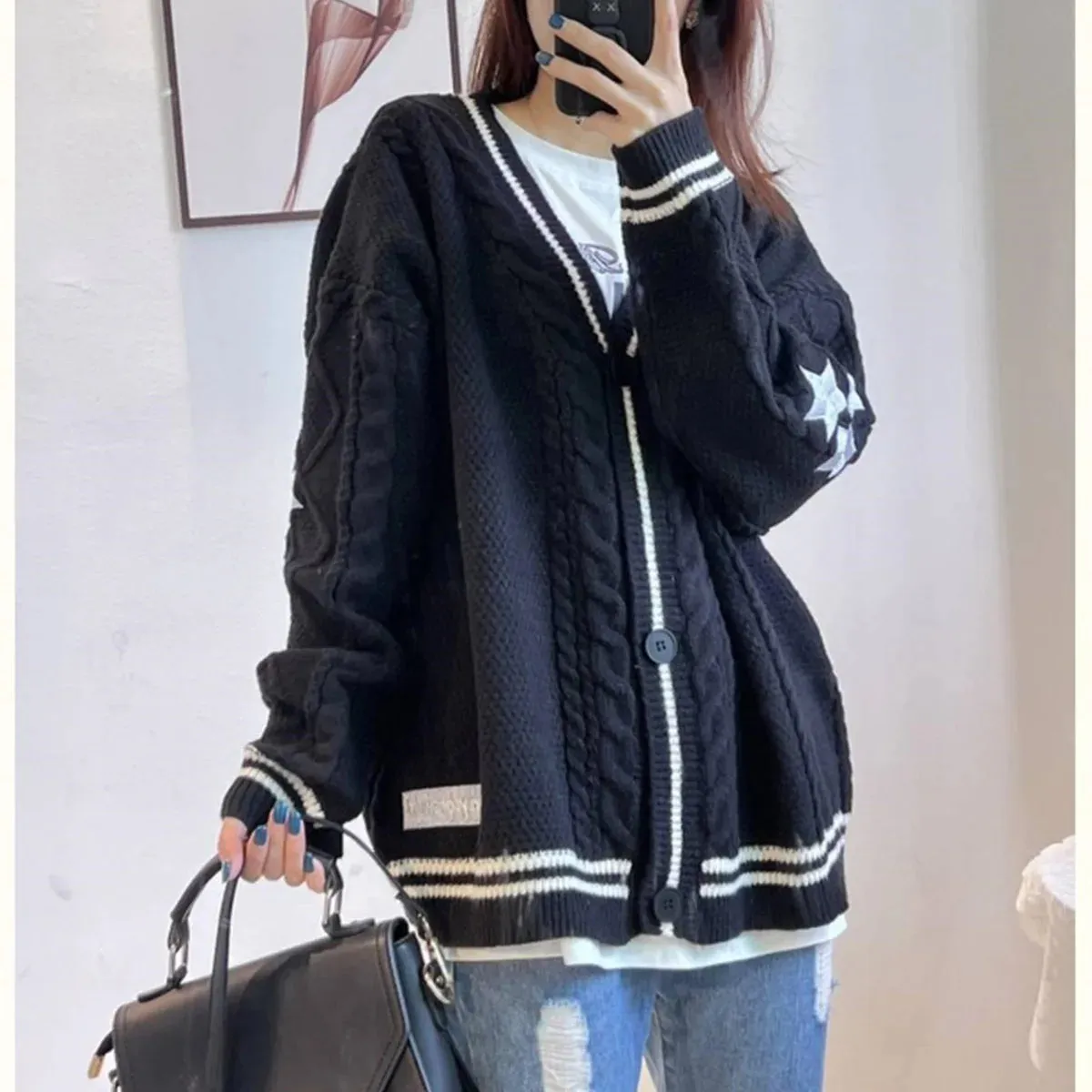 Women Winter Loose Knitted Cardigans Coat Star Embroidery Y2K Sweaters Streetwear Vintage Casual Single Breasted Long Sleeve Top