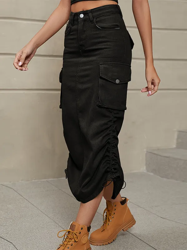 Women's Drawstring Skirt Side Casual Denim Cargo Skirt