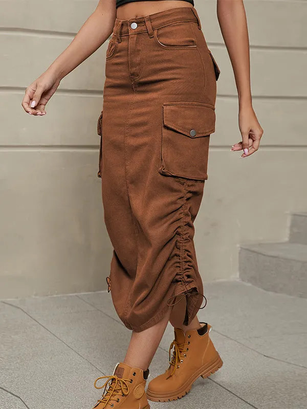 Women's Drawstring Skirt Side Casual Denim Cargo Skirt