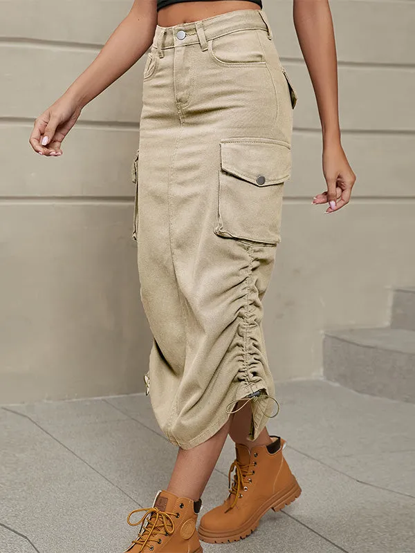 Women's Drawstring Skirt Side Casual Denim Cargo Skirt