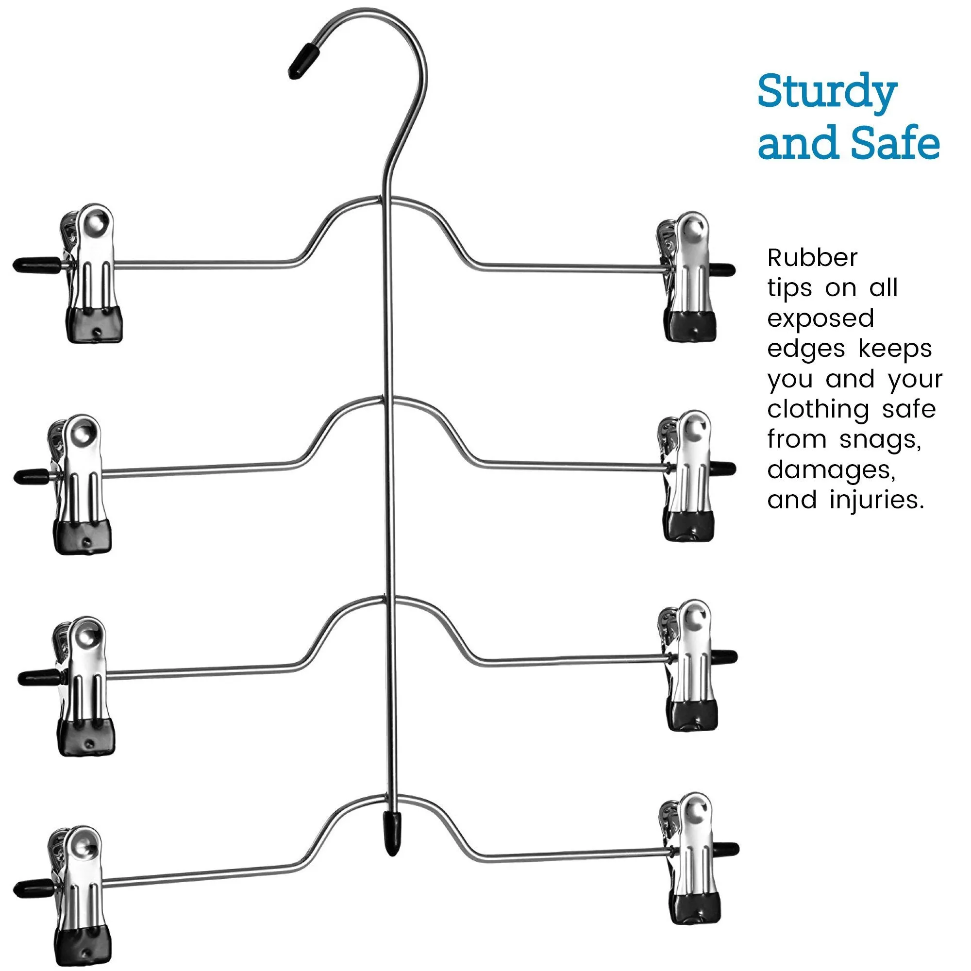 ZOBER Space Saving 4 Tier Trouser Skirt Hanger (Set of 3) Sturdy Luxurious Chrome with Non Slip Black Vinyl Clips, Multi Pants Hanger for Skirts, Pants, Slacks, Jeans, and More.