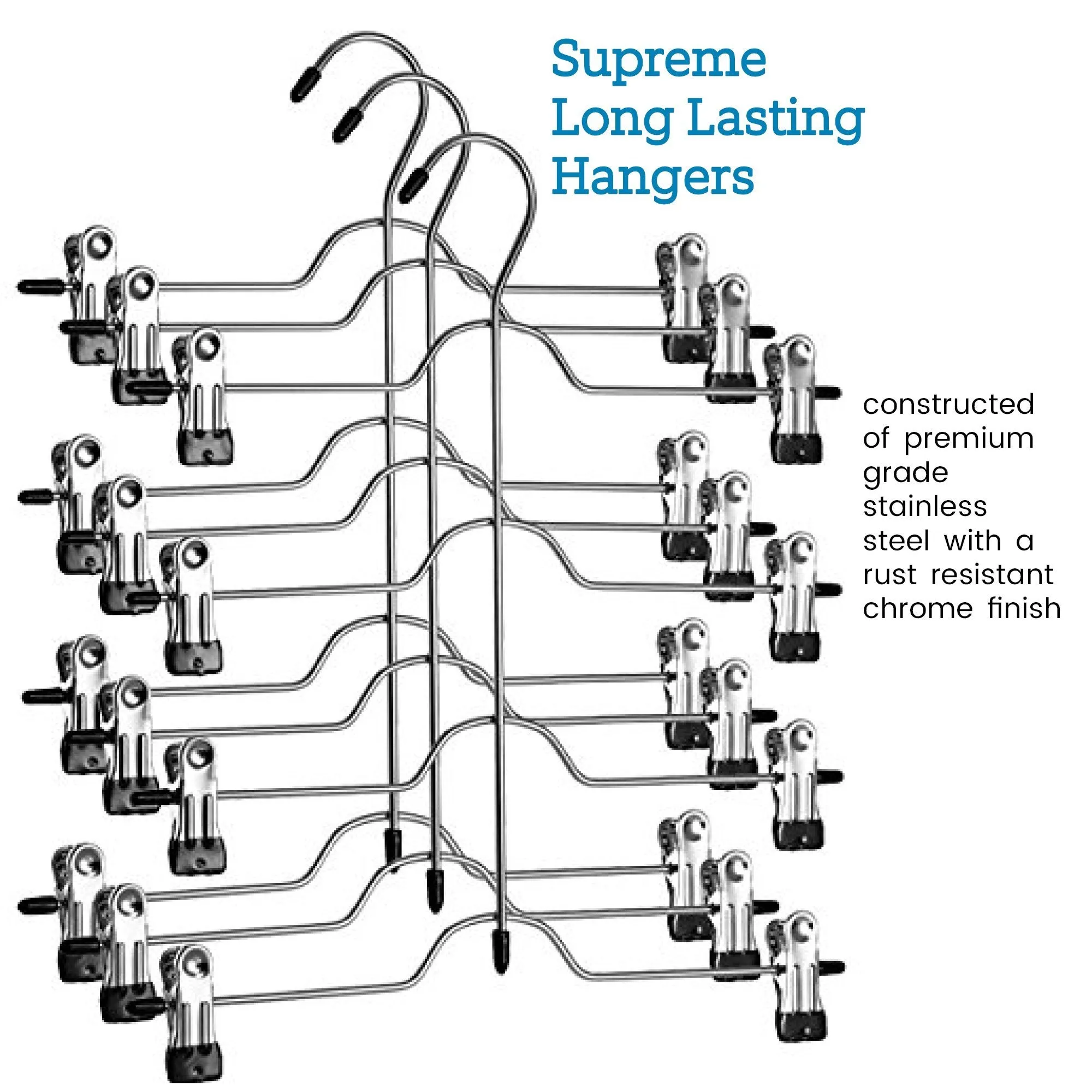 ZOBER Space Saving 4 Tier Trouser Skirt Hanger (Set of 3) Sturdy Luxurious Chrome with Non Slip Black Vinyl Clips, Multi Pants Hanger for Skirts, Pants, Slacks, Jeans, and More.